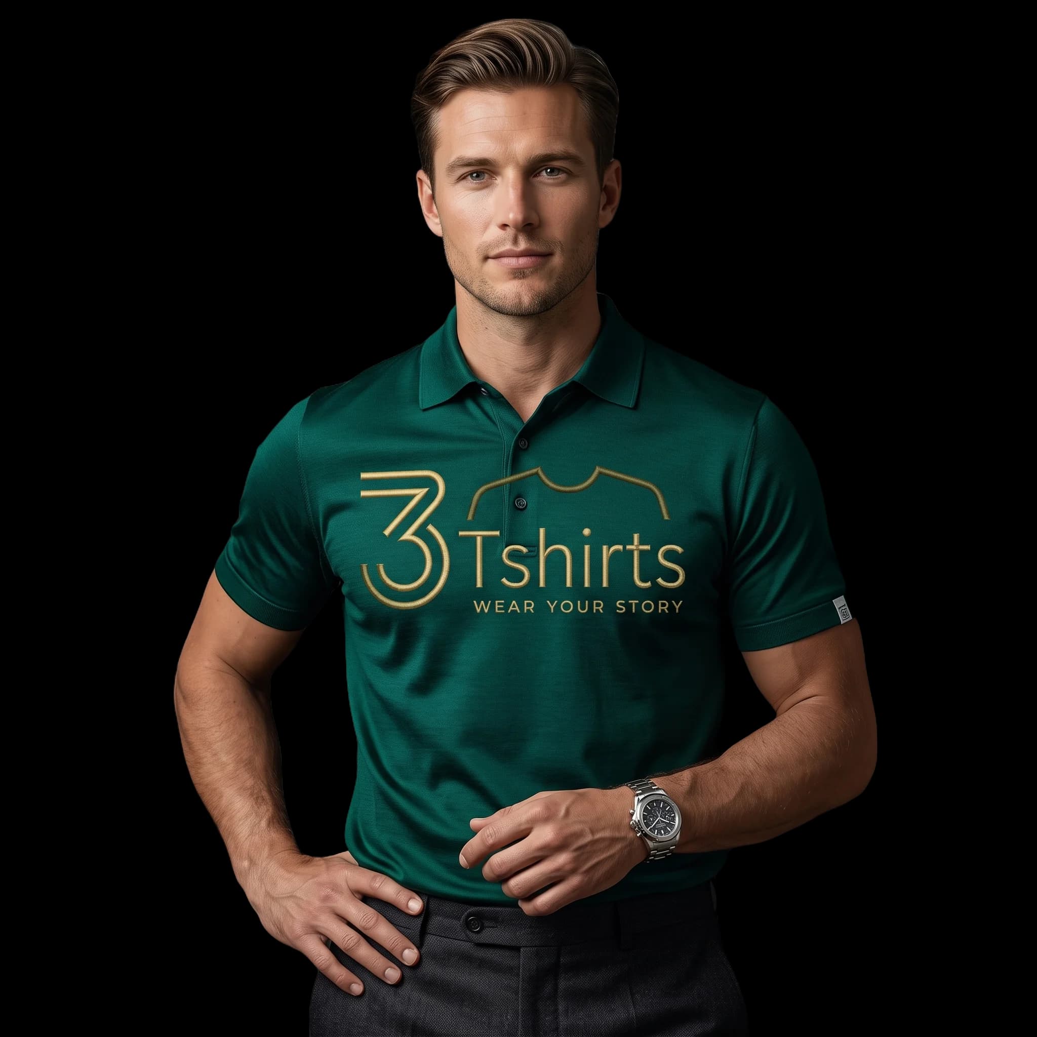 Model wearing custom 3Tshirts cotton t-shirt with brand logo — Direct factory custom T-shirt manufacturing